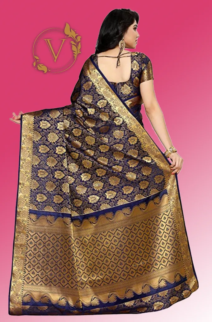 Navy Blue Art Silk Saree (Kanchipuram Style)