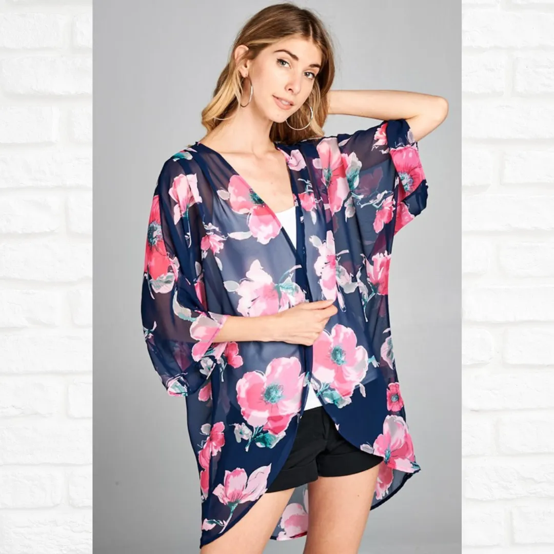 Navy Floral Kimono S-L