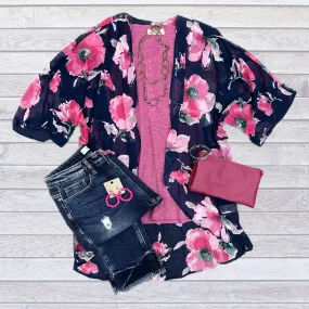 Navy Floral Kimono S-L