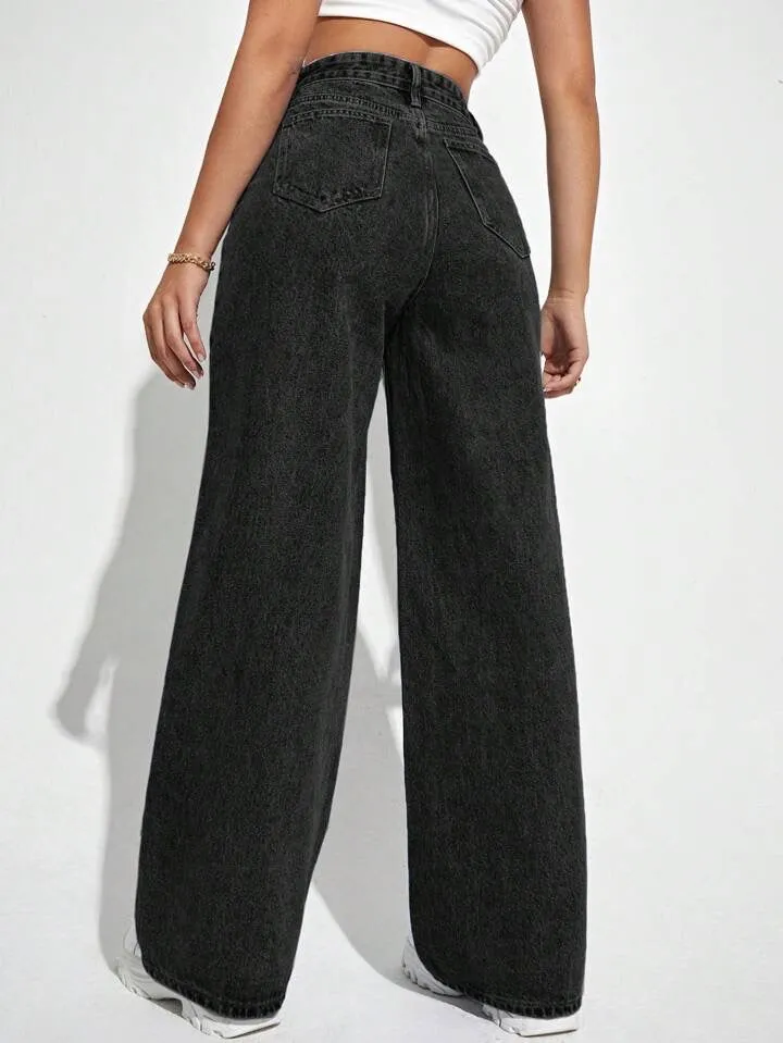 Onyx Black Stone Wash Wide Leg High Rise Jeans