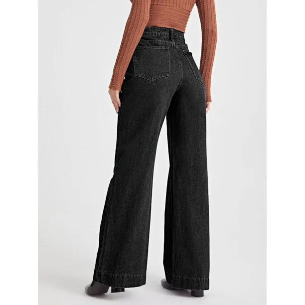 Onyx Black Stone Wash Wide Leg High Rise Jeans