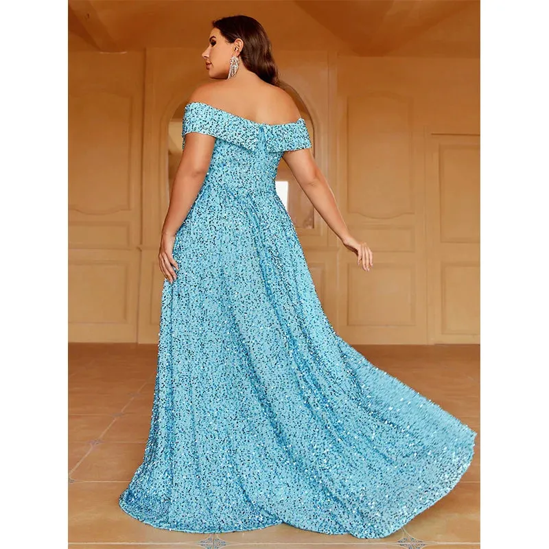 Royal Blue Plus Size Strapless Beaded Sequin Evening Dress