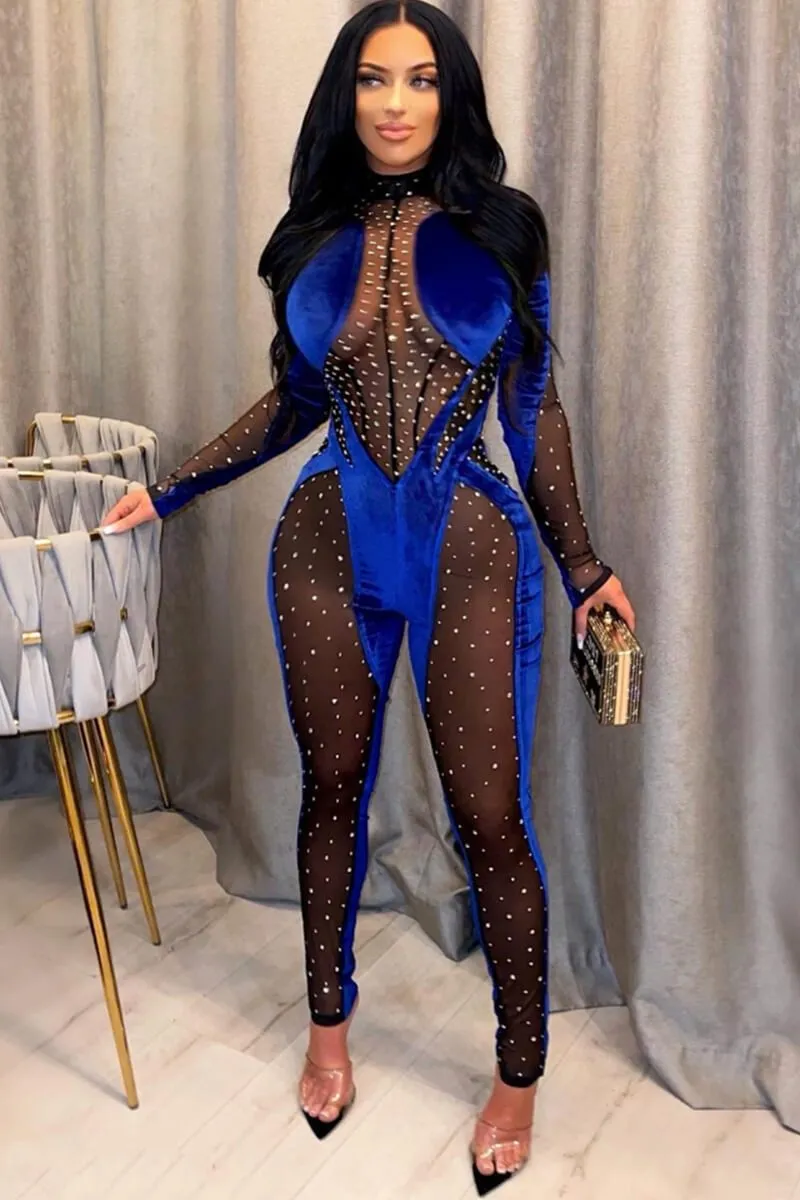 Sheer Mesh Velvet Patchwork Bodycon Jumpsuit With Sequins