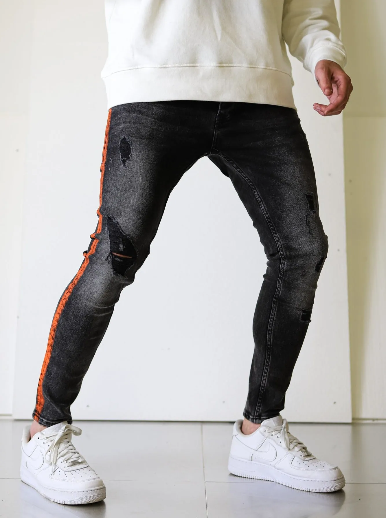 Side Stripe Black Ripped Denim