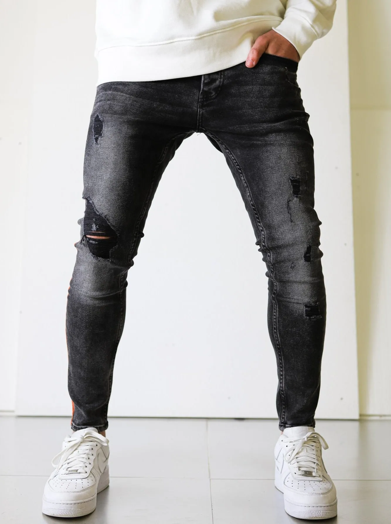 Side Stripe Black Ripped Denim