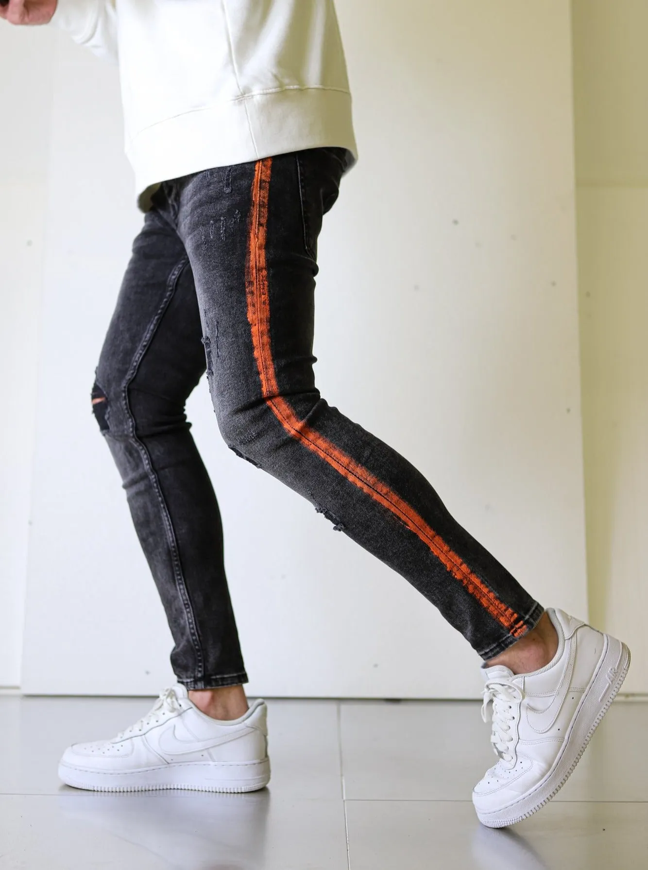 Side Stripe Black Ripped Denim