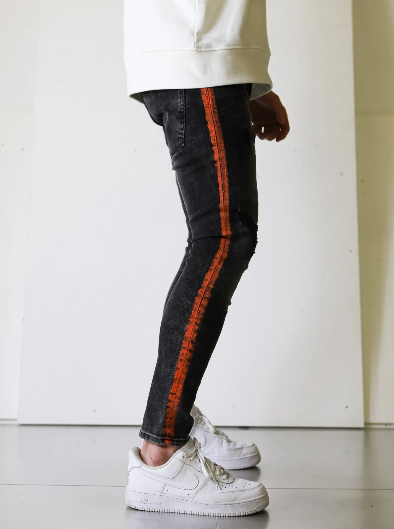 Side Stripe Black Ripped Denim