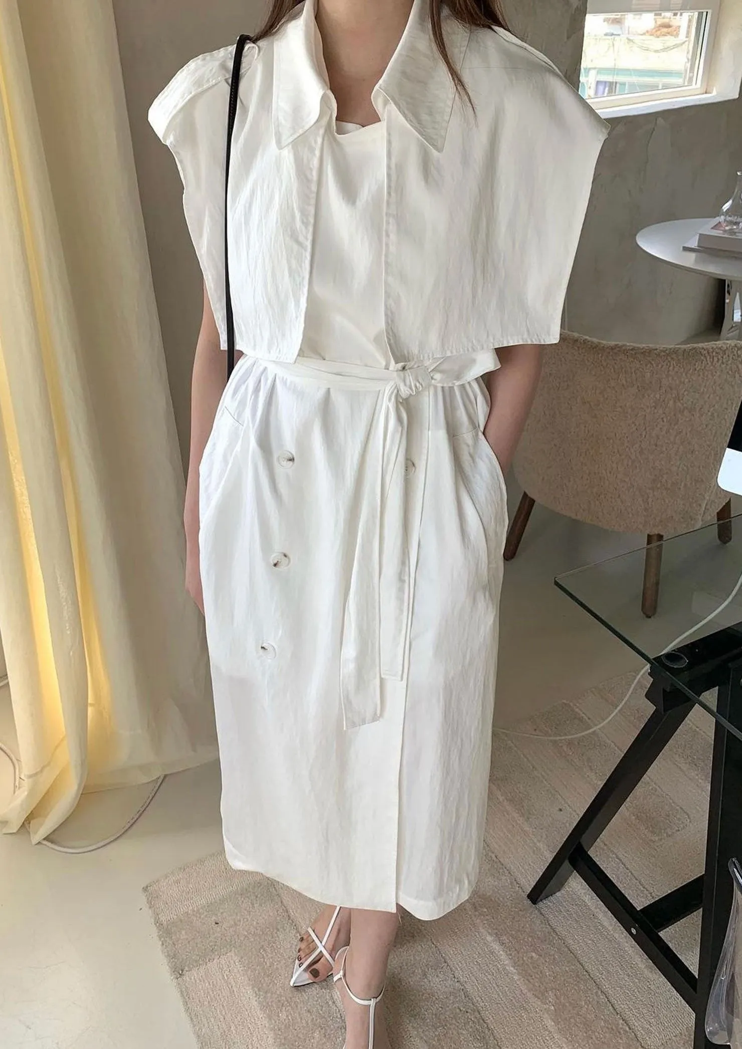 Sleeveless Cotton Trench Dress in White