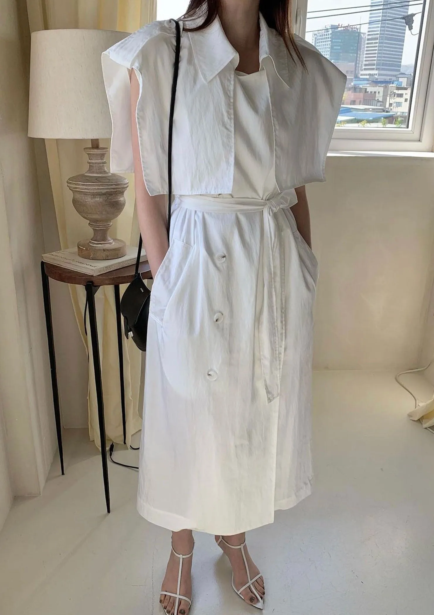 Sleeveless Cotton Trench Dress in White