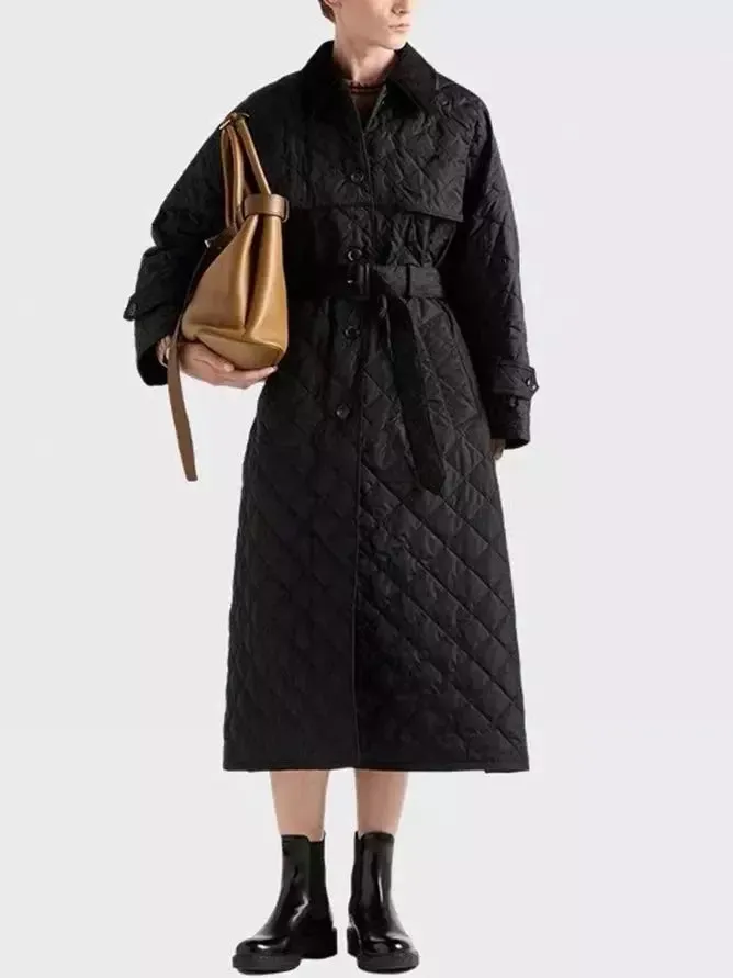 Women’s Black Diamond Quilting Belted Trench Coat