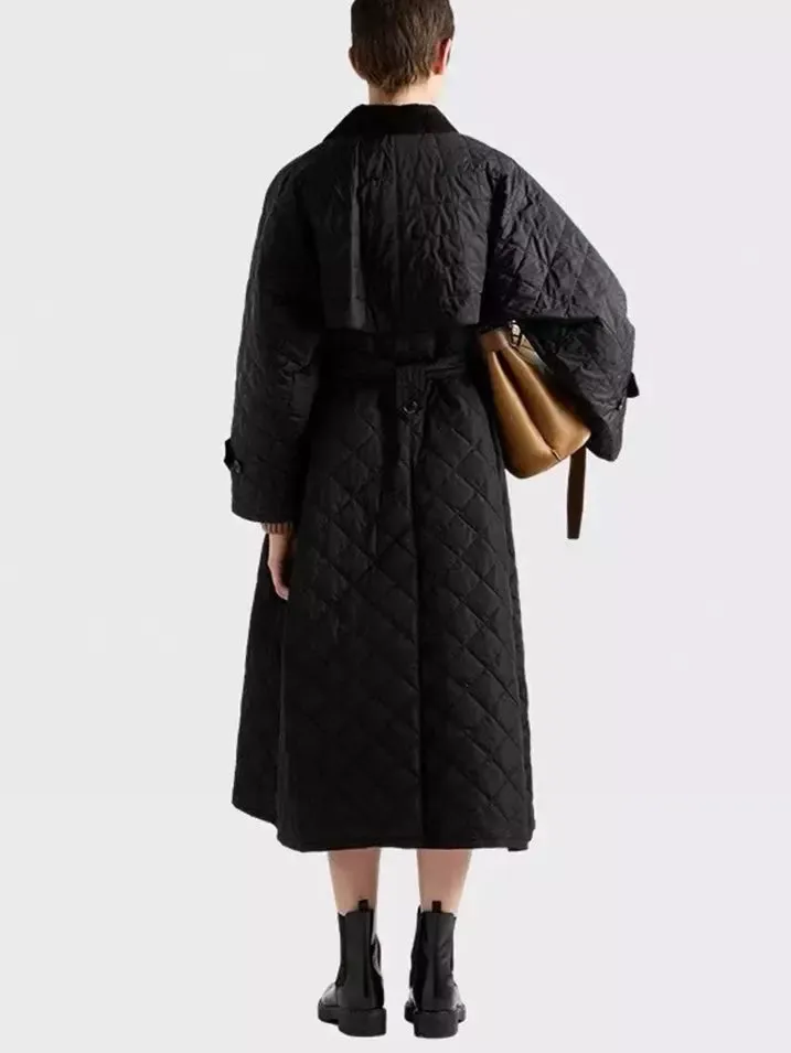 Women’s Black Diamond Quilting Belted Trench Coat